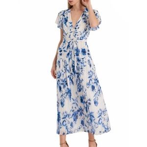 Monique Lhuillier Floral Pleated Flutter Sleeve Tea Dress